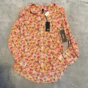 KUT from the Kloth Shirt NWT Womens Sz XS Pink Floral Top Sheer Roll Tab Sleeve